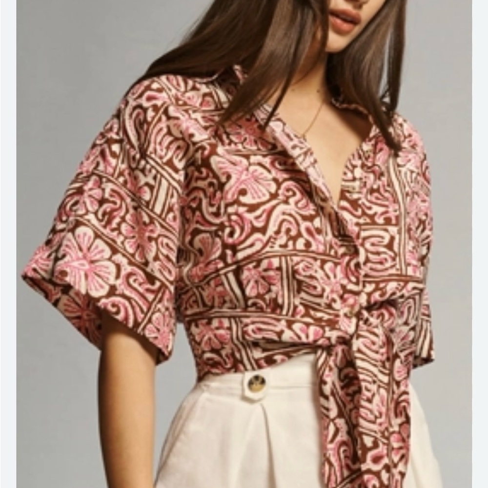 Anthropologie Tie-Front Linen Top in Brown And Pink XL New - Picture 2 of 11